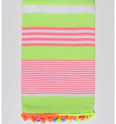 Serviette de plage vert fluo rayée blanc et rose  - 1
