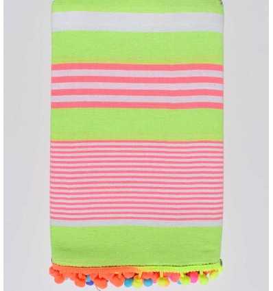 serviette de plage vert fluo rayée blanc et rose