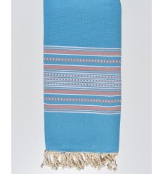 jeté arabesque bleu clair rayée rose pale Fouta Tunisia - 1